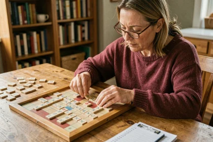Femme jouant au Scrabble avec des jetons de lettres sur une table en bois, concentration sur la formation de mots incluant la lettre E capitale
