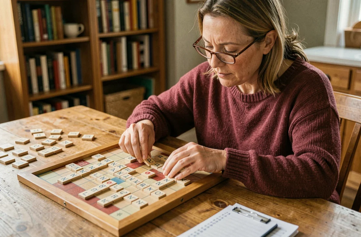 Femme jouant au Scrabble avec des jetons de lettres sur une table en bois, concentration sur la formation de mots incluant la lettre E capitale