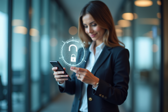 Femme confiante utilisant un smartphone pour securite
