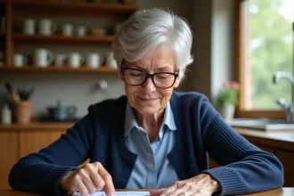 Femme senior concentrée sur un jeu de différences imprimé à la table de cuisine