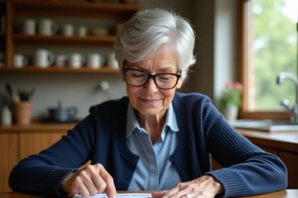 Femme senior concentrée sur un jeu de différences imprimé à la table de cuisine
