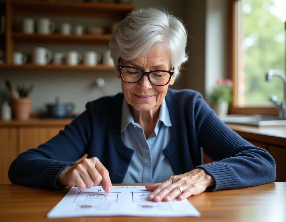 Femme senior concentrée sur un jeu de différences imprimé à la table de cuisine