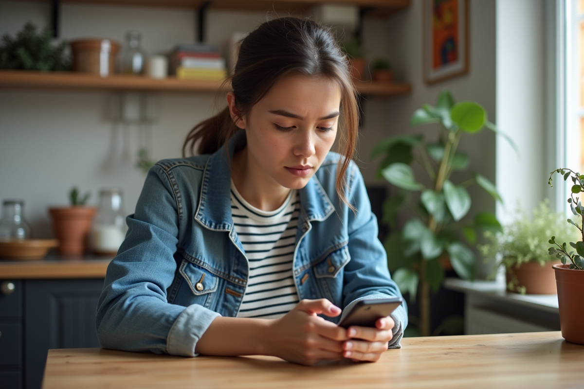 Jeune femme concentrée sur son smartphone dans un intérieur cosy