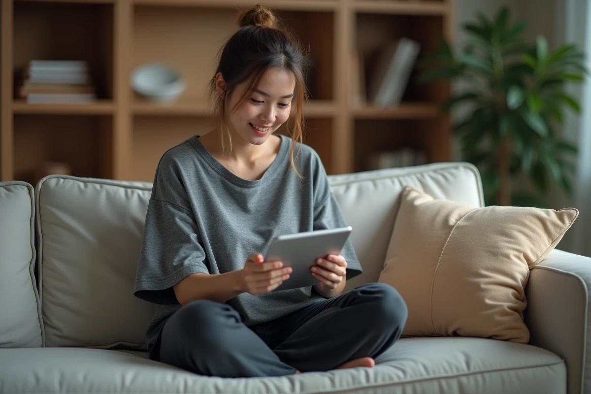 Jeune femme lisant des contenus de réseaux sociaux sur une tablette chez elle, illustrant la curiosité du public pour la vie sentimentale d'une célébrité du web