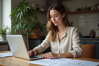 Femme travaillant à la maison dans un appartement moderne