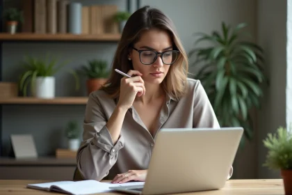 Femme concentrée travaillant à son bureau à domicile