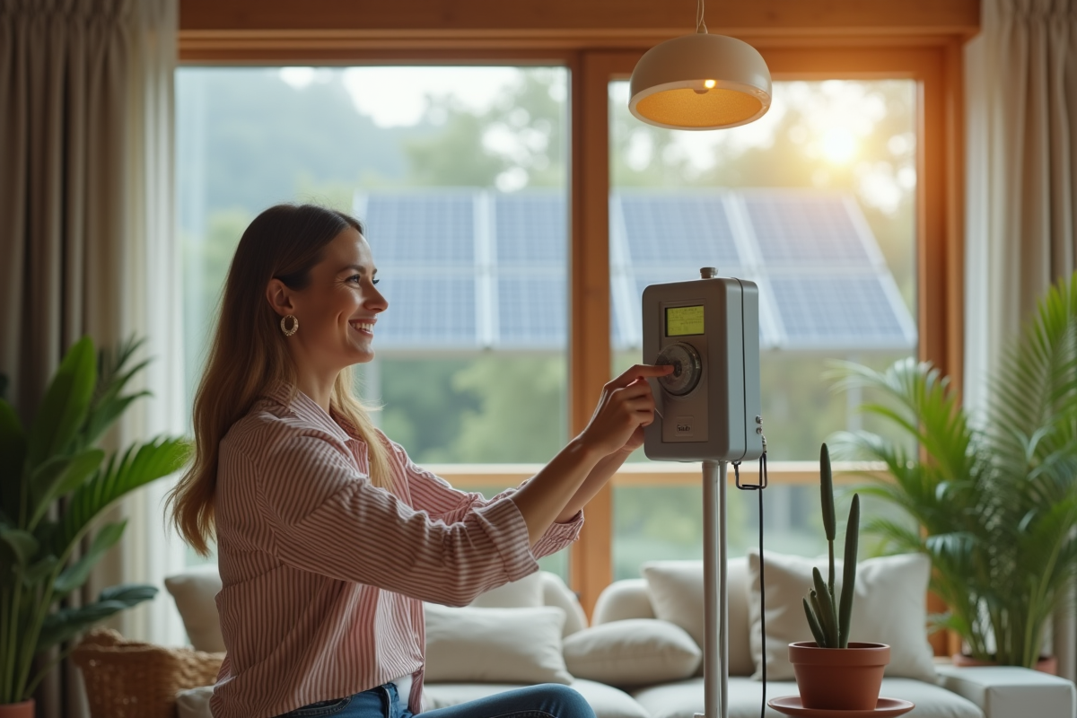 Femme souriante vérifiant son compteur électrique intérieur