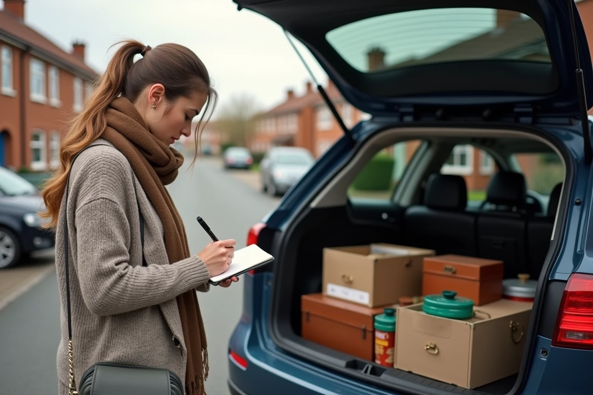 Femme pr&eacute;parant ses trouvailles vintage dans le coffre de sa voiture