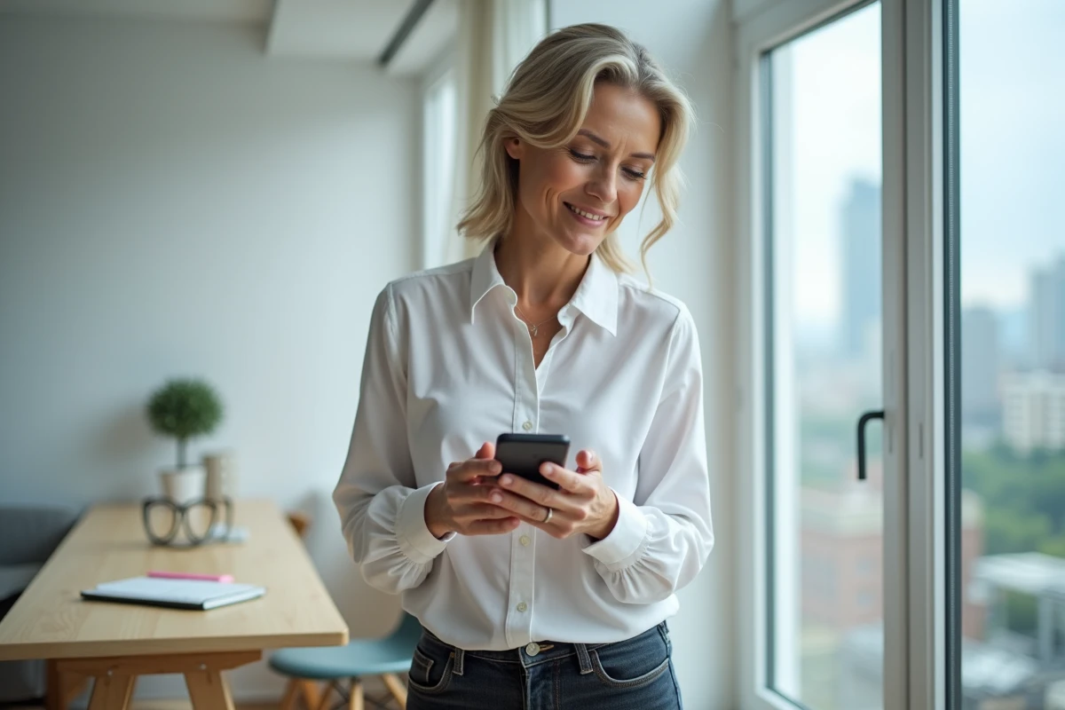 Femme debout devant une fenêtre urbaine consultant l'application Wordle sur son smartphone depuis son bureau