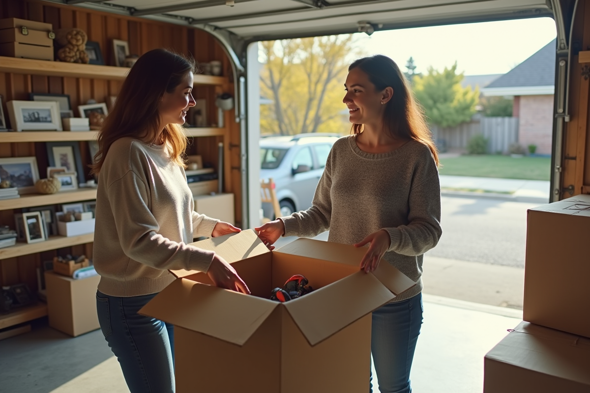 Deux femmes triant des objets dans un garage lumineux