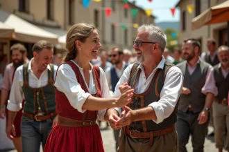 Groupe d'hommes et femmes en costume occitan lors d'une fête