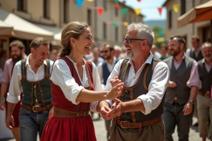 Groupe d'hommes et femmes en costume occitan lors d'une f&ecirc;te
