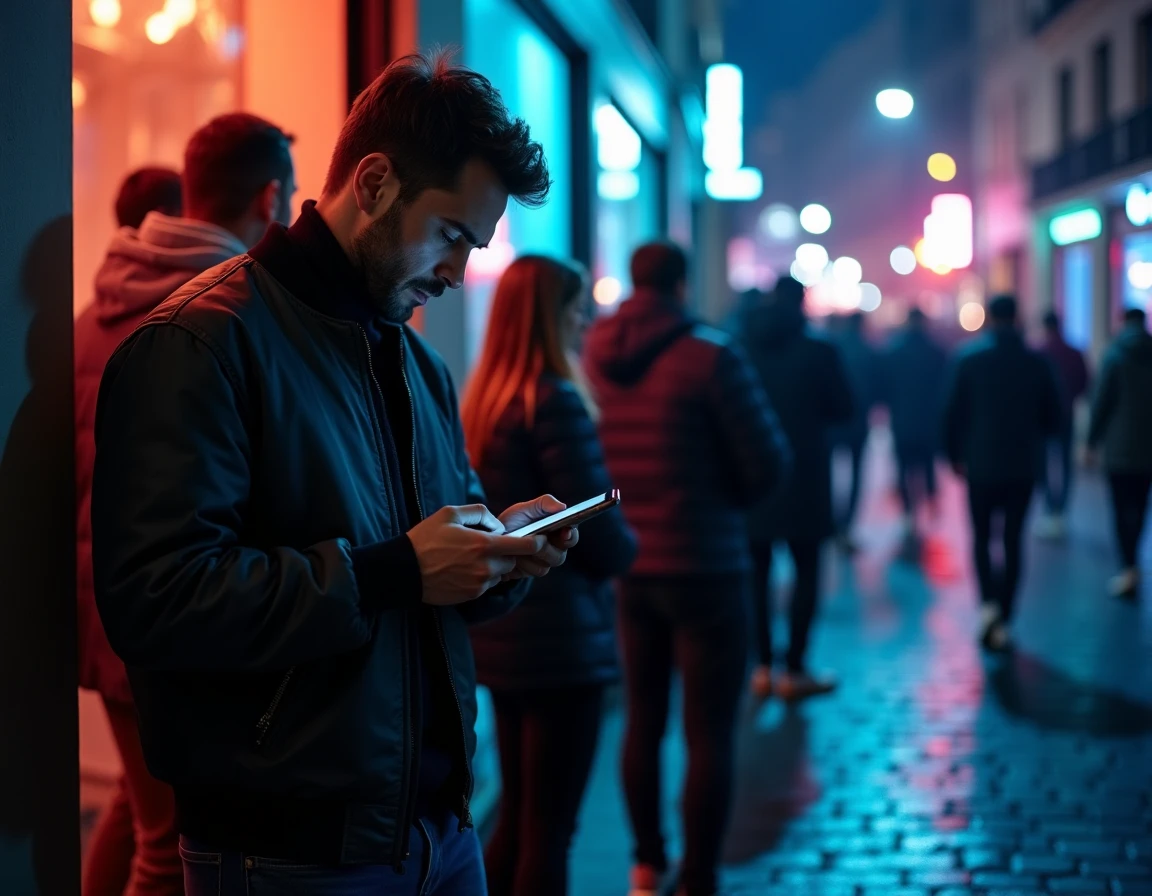 Homme faisant la queue devant une boîte de nuit électro à Paris sur pavés mouillés la nuit