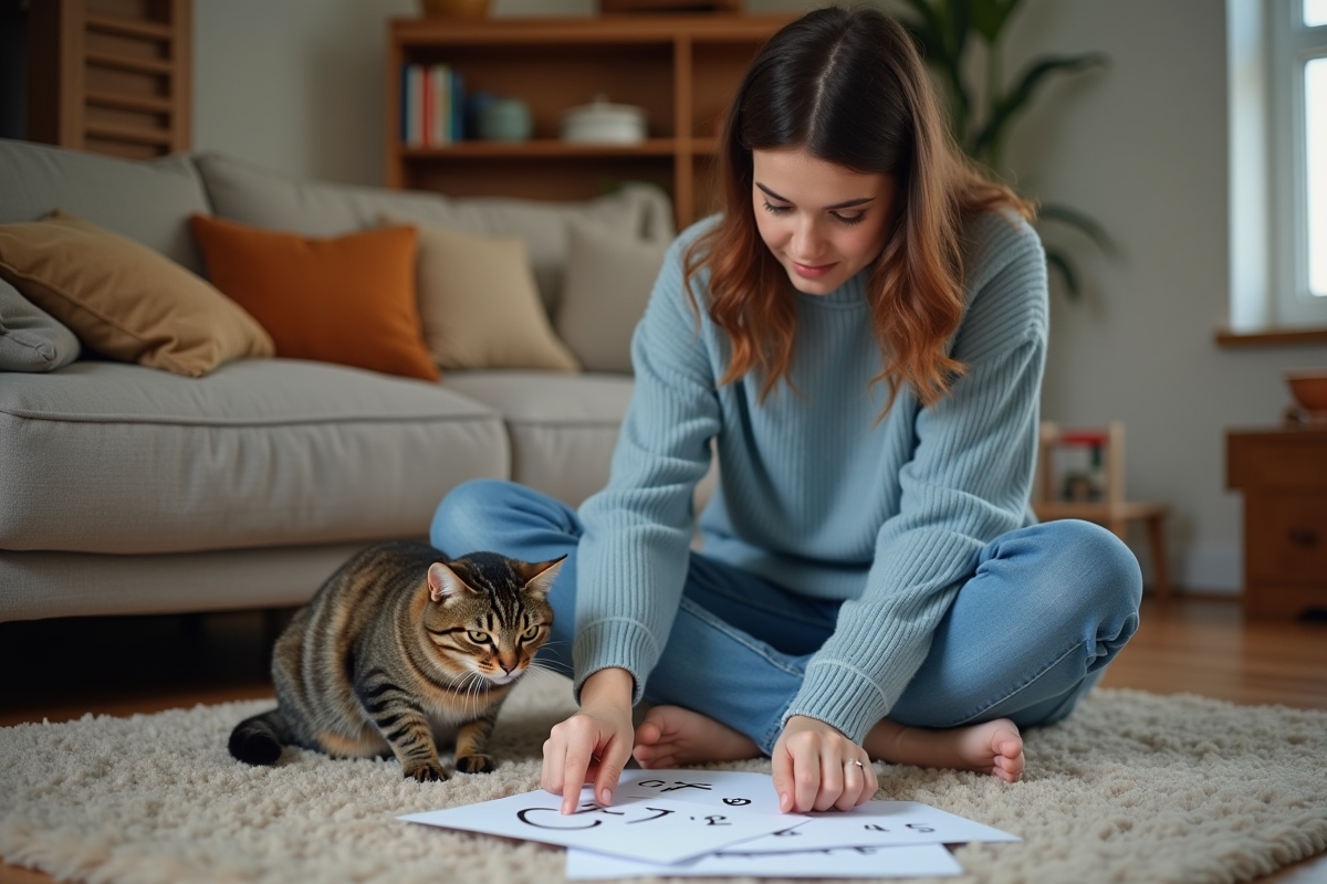 Jeune femme avec chat et papiers d'apprentissage