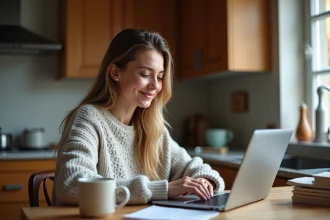Jeune femme joue à un jeu de lettres sur son ordinateur à la maison