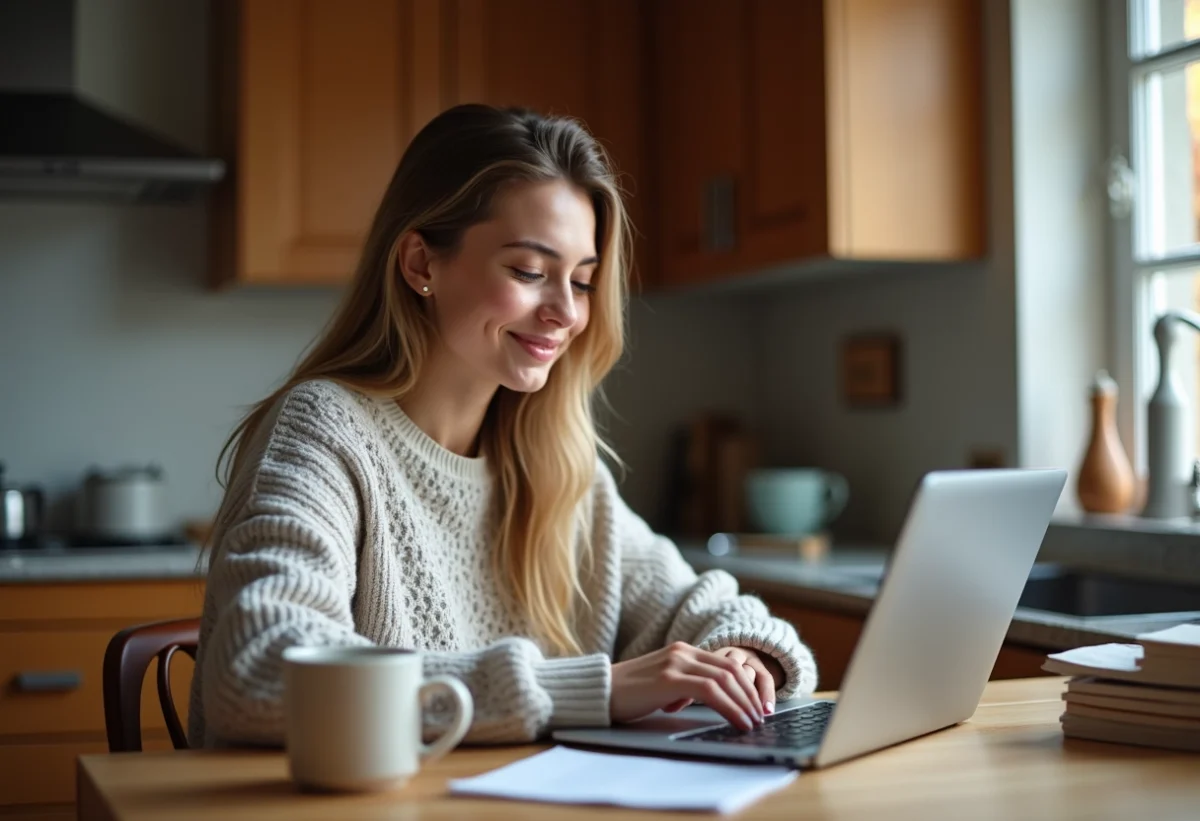 Jeune femme joue à un jeu de lettres sur son ordinateur à la maison
