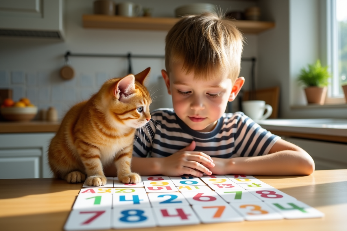 Garçon et chat orange avec cartes de nombres
