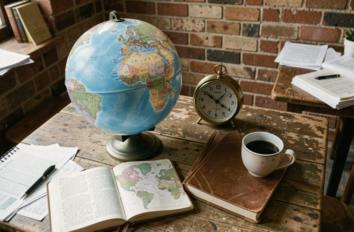 Globe terrestre, horloge double fuseau horaire et journal de voyage sur une table en bois illustrant le décalage entre la France et l'Australie