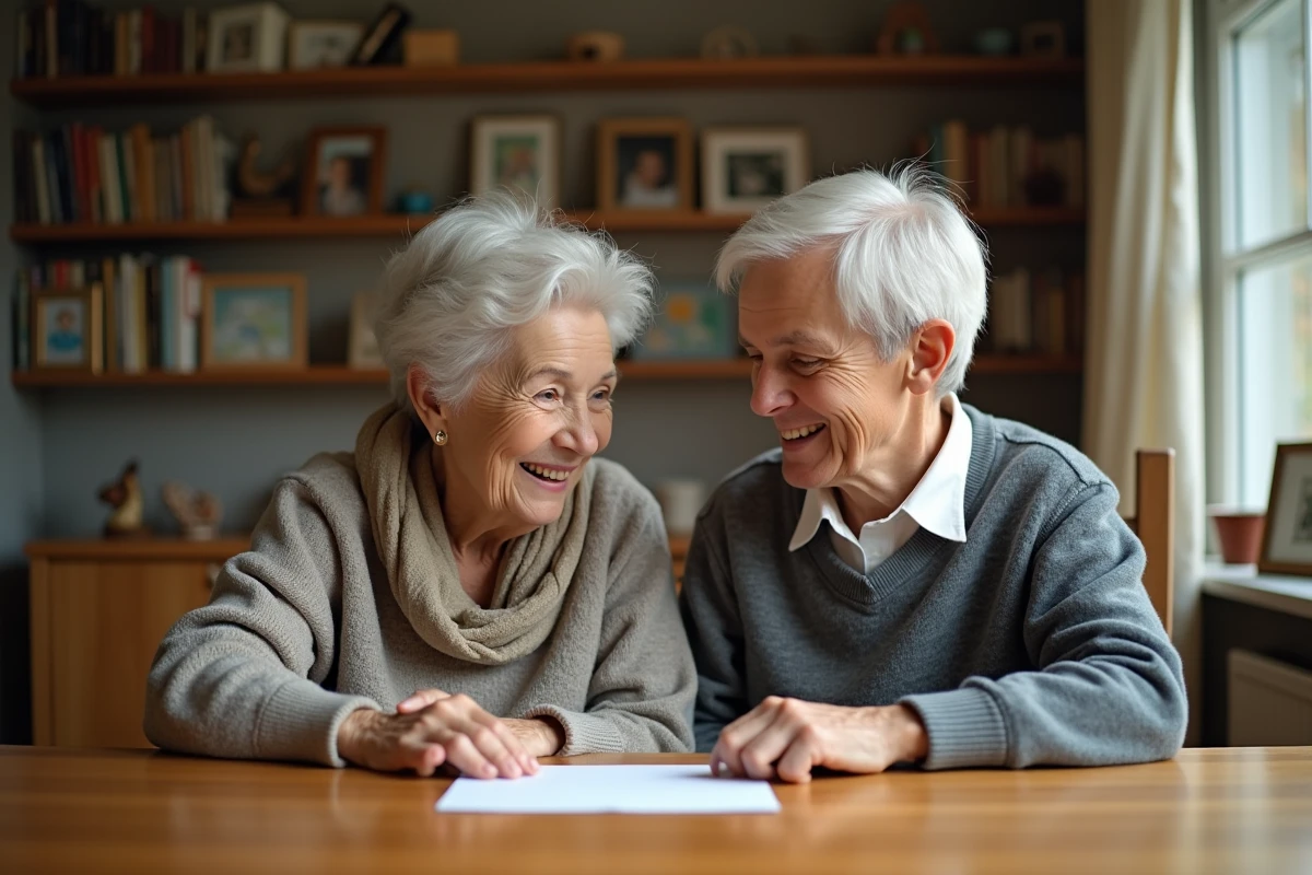 Une grand-mère et un jeune garçon souriant à la table