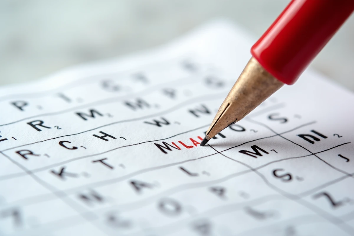Grille de mots fléchés avec des noms de villes italiennes remplie au stylo sur une surface en marbre