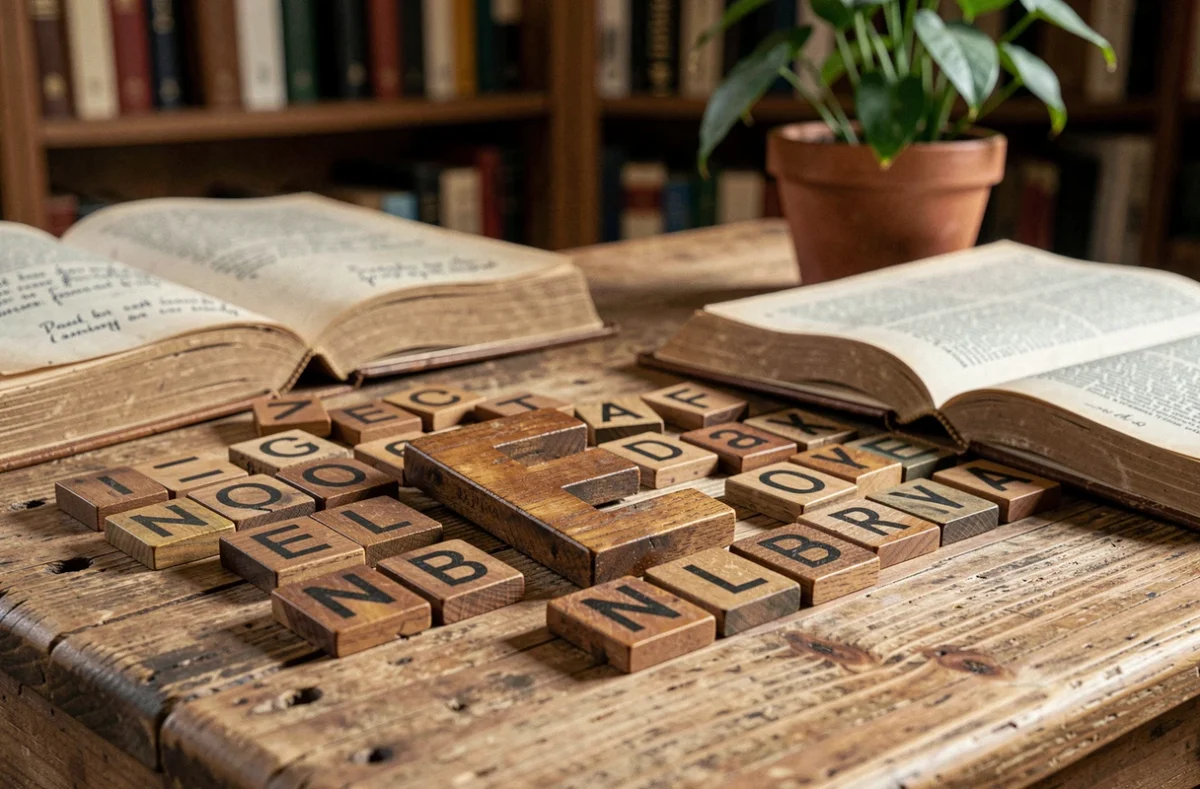 Gros plan de jetons de lettres en bois vintage sur un bureau avec la lettre E majuscule mise en avant, entourée d'un dictionnaire français annoté