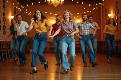 Groupe d'adultes dansant le madison en ligne dans une salle festive décorée de style rétro