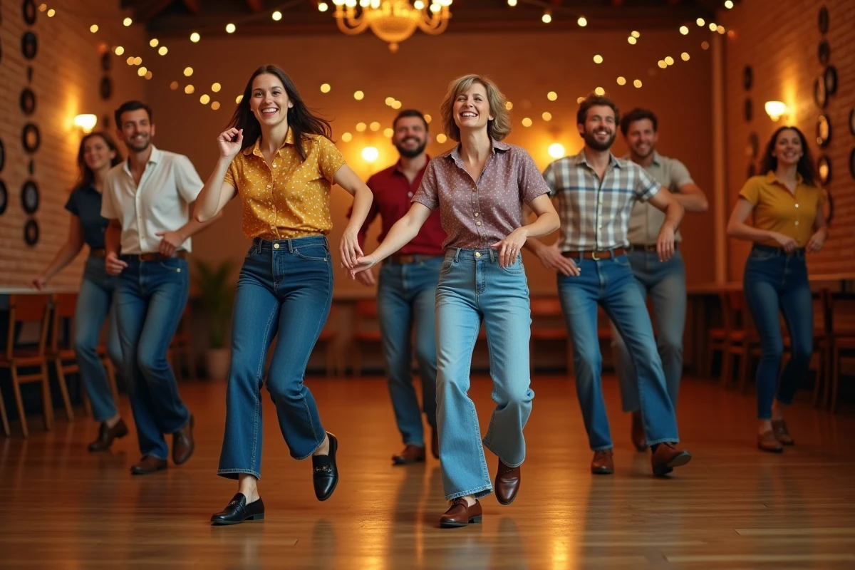 Groupe d'adultes dansant le madison en ligne dans une salle festive décorée de style rétro