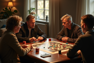 Groupe d'amis jouant au Cluedo dans un salon chaleureux