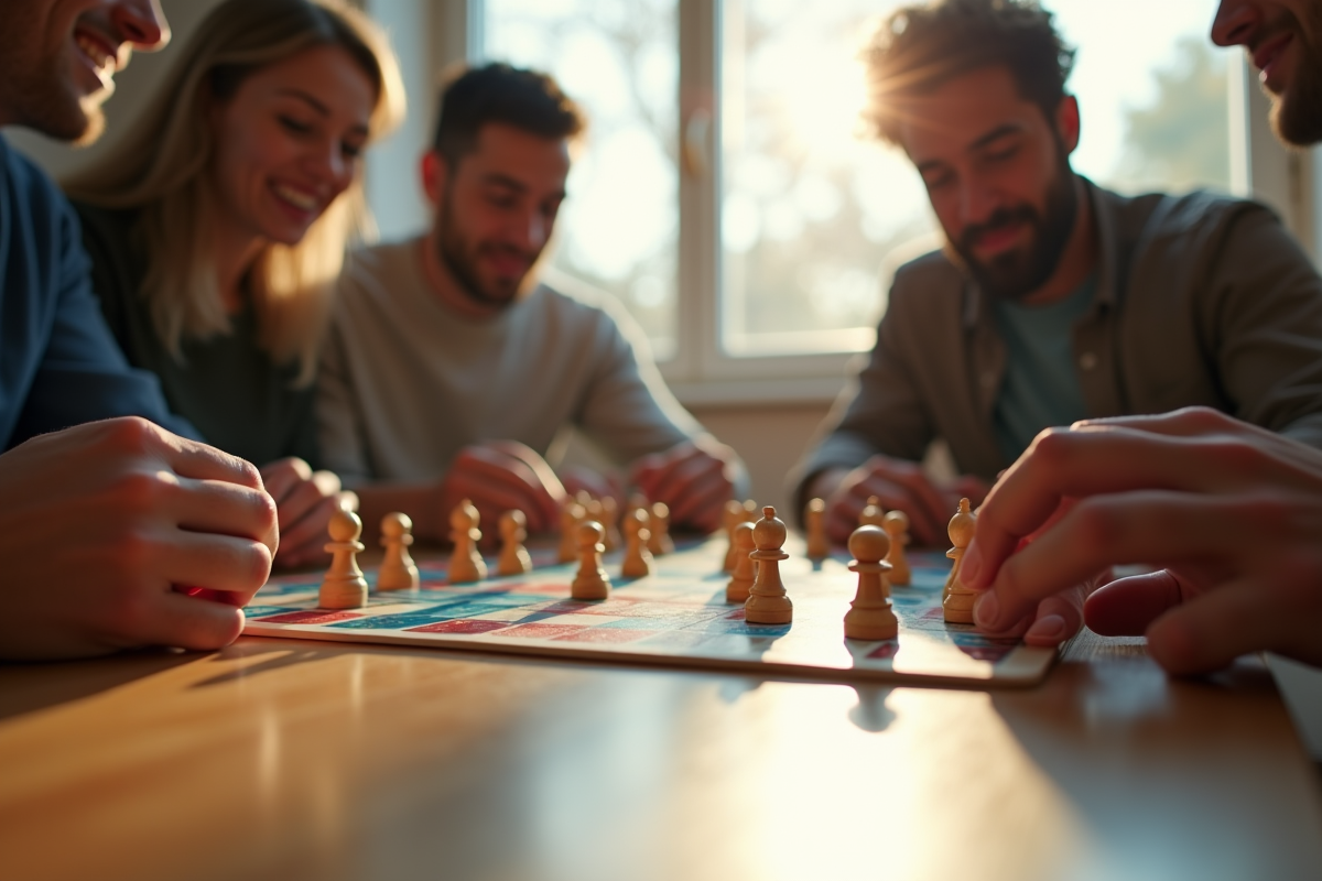 Groupe d'amis jouant à un jeu de société moderne autour d'une table en bois