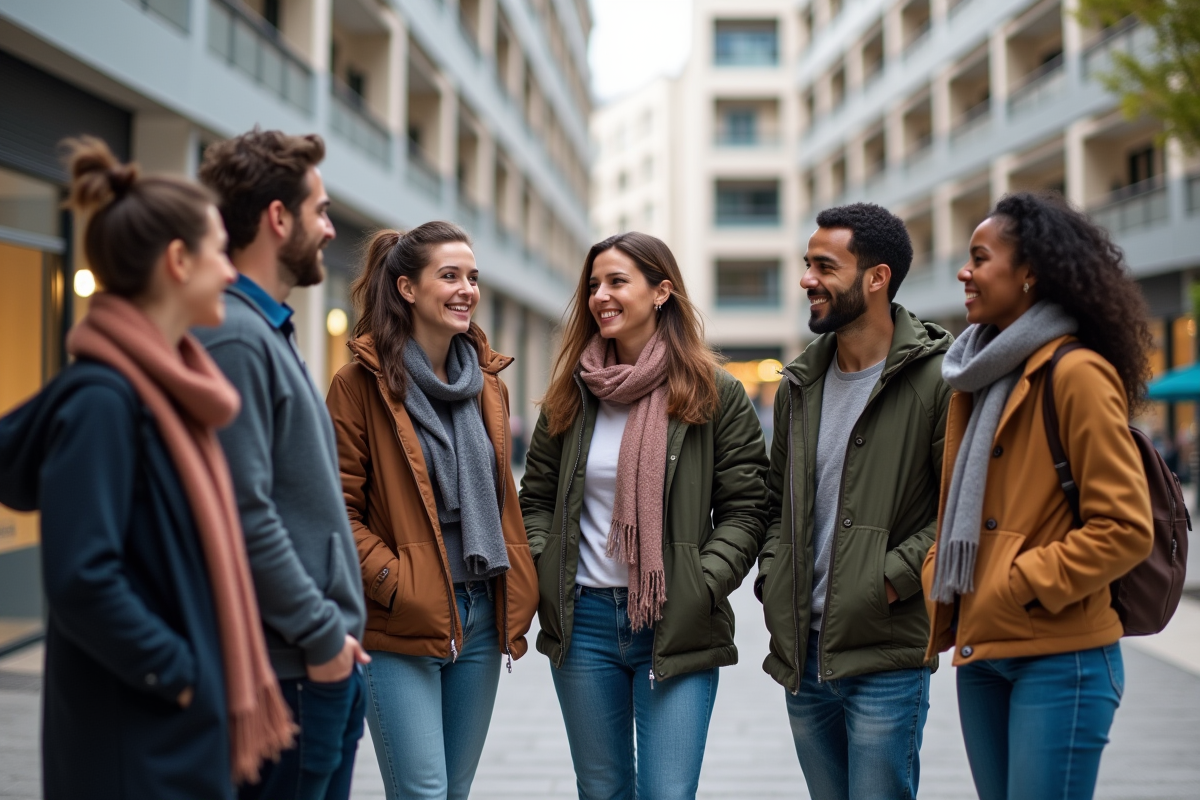Groupe divers d'adultes dans une place urbaine en France