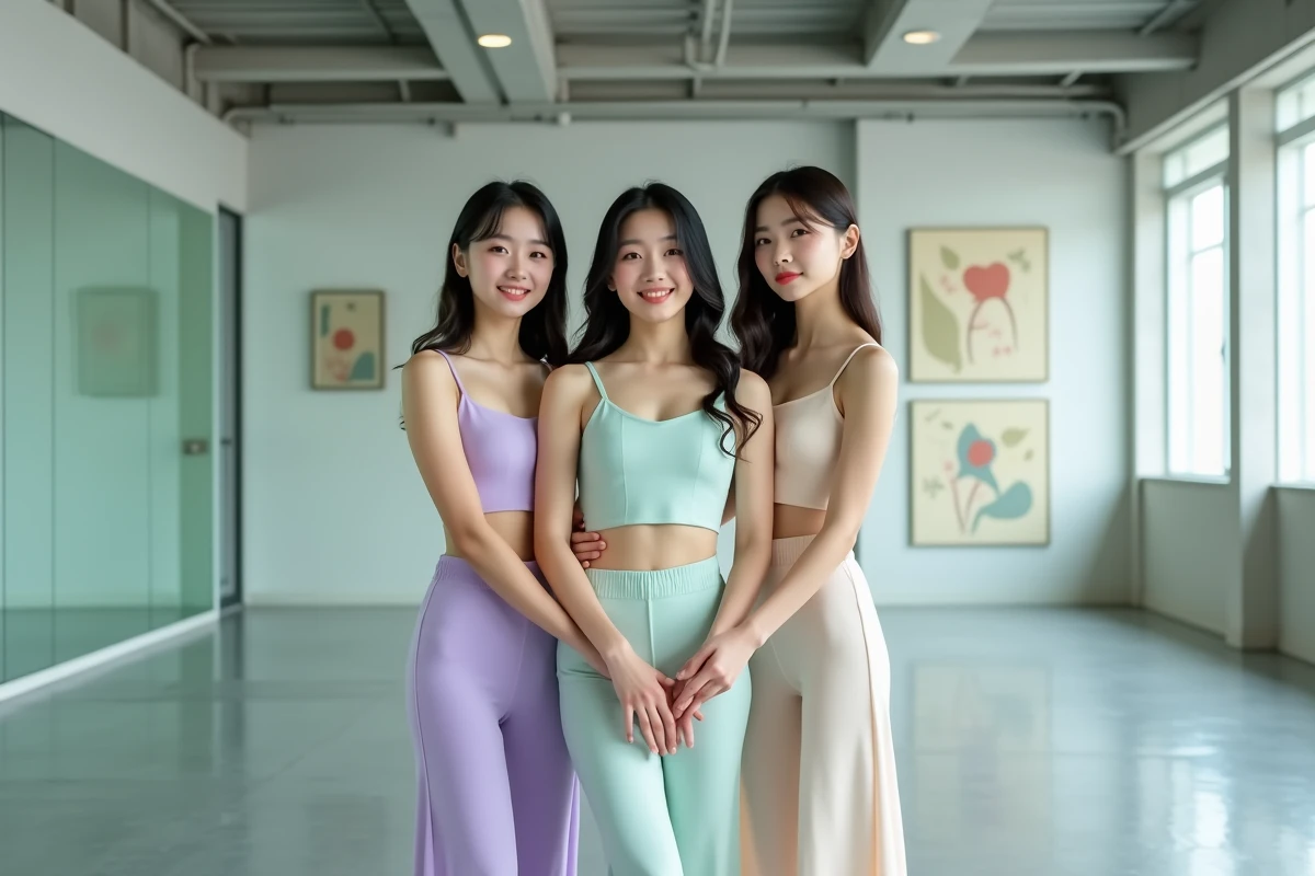 Trio de jeunes artistes féminines coréennes en tenues pastel coordonnées dans un studio de danse avec miroirs, évoquant la formation des groupes K-pop