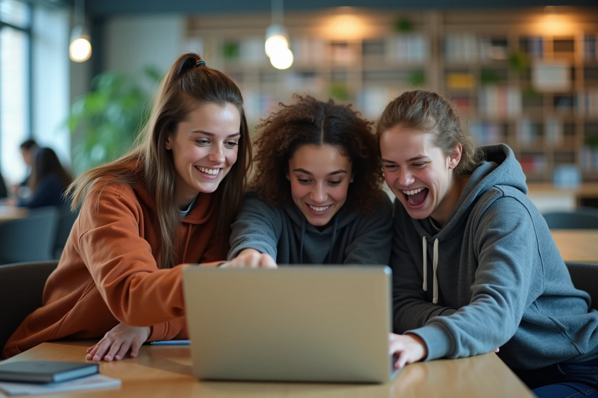 Groupe de jeunes adultes réagissant ensemble à un buzz sur les réseaux sociaux autour d'une personnalité publique et de sa vie amoureuse