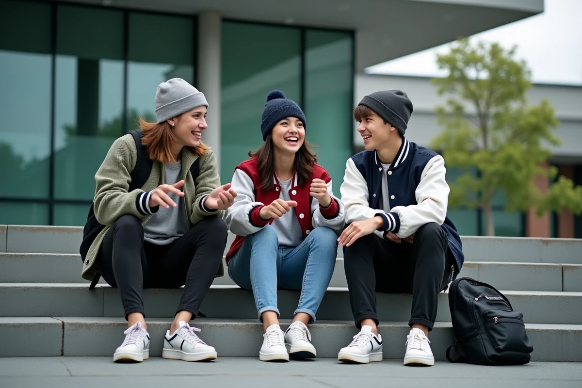 Groupe de jeunes étudiants discutant avec un argot générationnel moderne devant un bâtiment universitaire contemporain