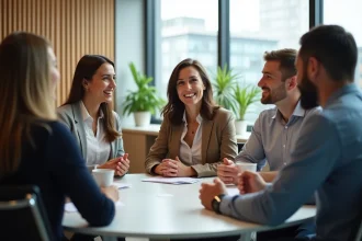 Groupe de professionnels en réunion dans un bureau lumineux