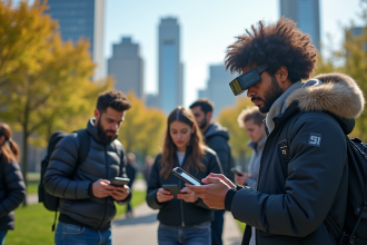 Groupe divers dans un parc urbain avec appareils AI