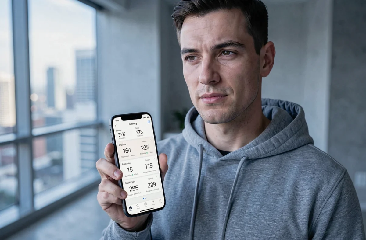 Homme consultant une application d'horloge mondiale sur smartphone affichant le décalage horaire entre la France et l'Australie