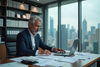 Homme d'affaires concentré devant ses documents de fiscalité