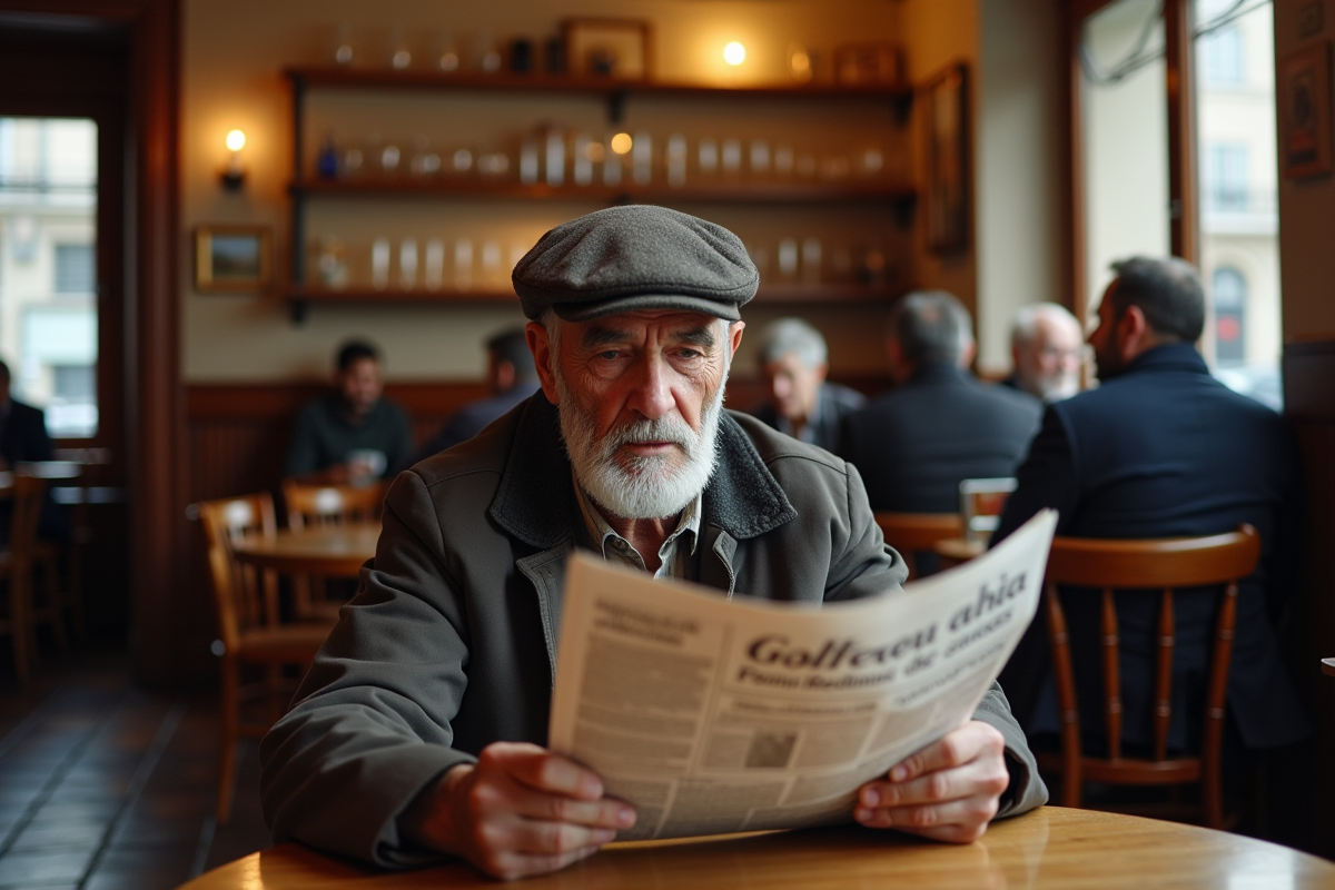 Homme âgé nord-africain lisant un journal dans un café parisien