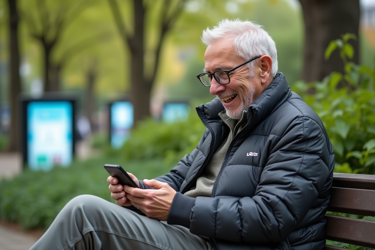 Homme âgé dans un jardin urbain interactif avec appareils connectés