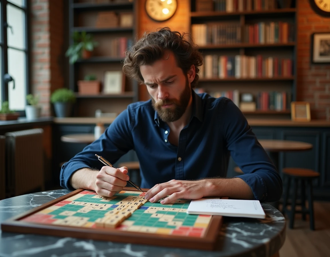 Homme analysant des anagrammes sur un bloc-notes à côté d'un plateau de Scrabble dans un appartement parisien