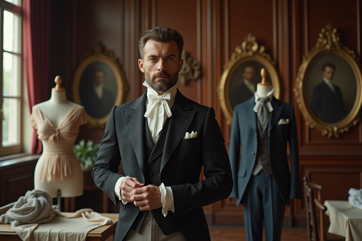 Homme élégant pinçant du tissu dans un atelier parisien