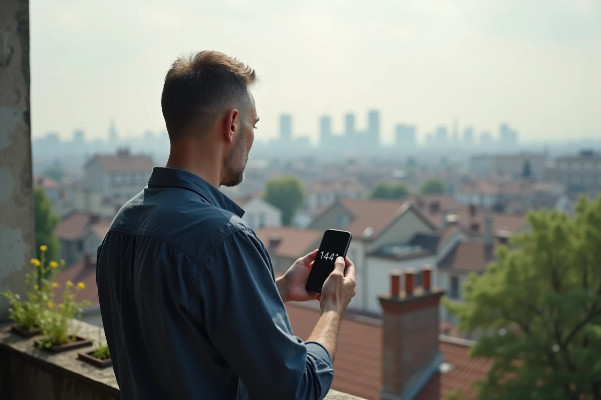 Homme sur un balcon urbain regardant l'heure 14h41 sur son téléphone, symbolisant un tournant intérieur