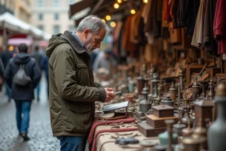 Homme d'âge moyen examinant des objets vintage à la brocante