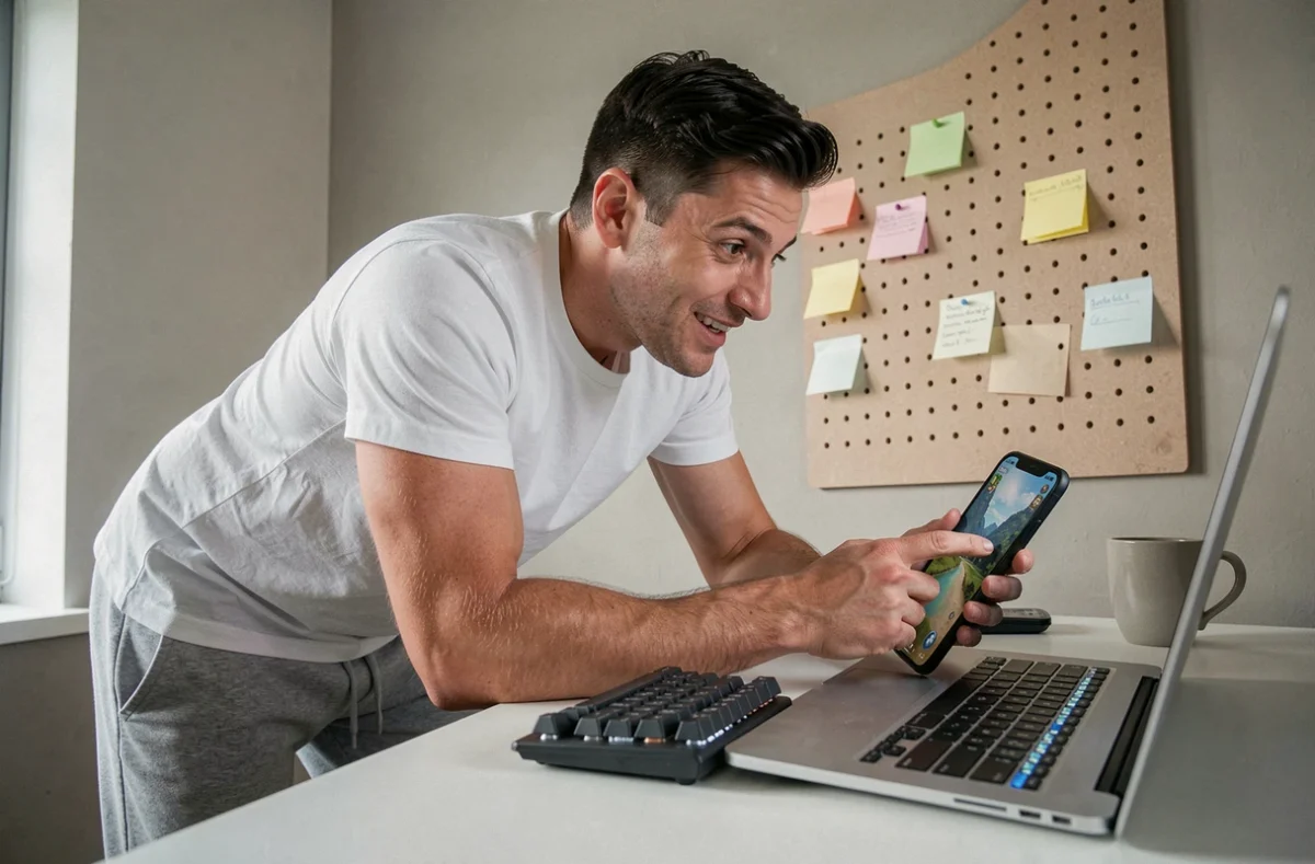Homme consultant des liens de dés gratuits Monopoly GO sur son smartphone dans un bureau à domicile