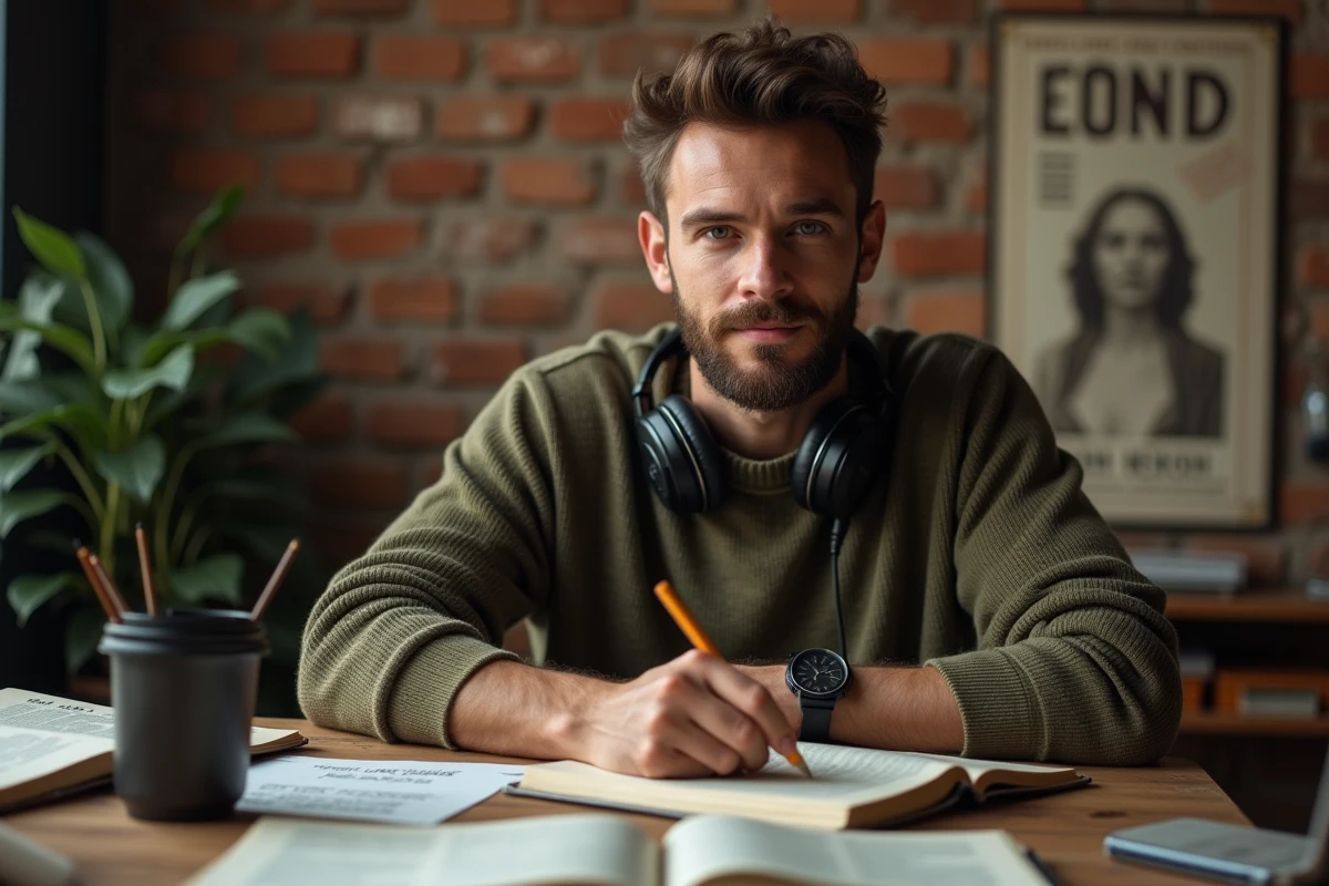 Homme adulte travaillant sur l'apprentissage du rythme des paroles de Lola de Renaud avec annotations manuscrites