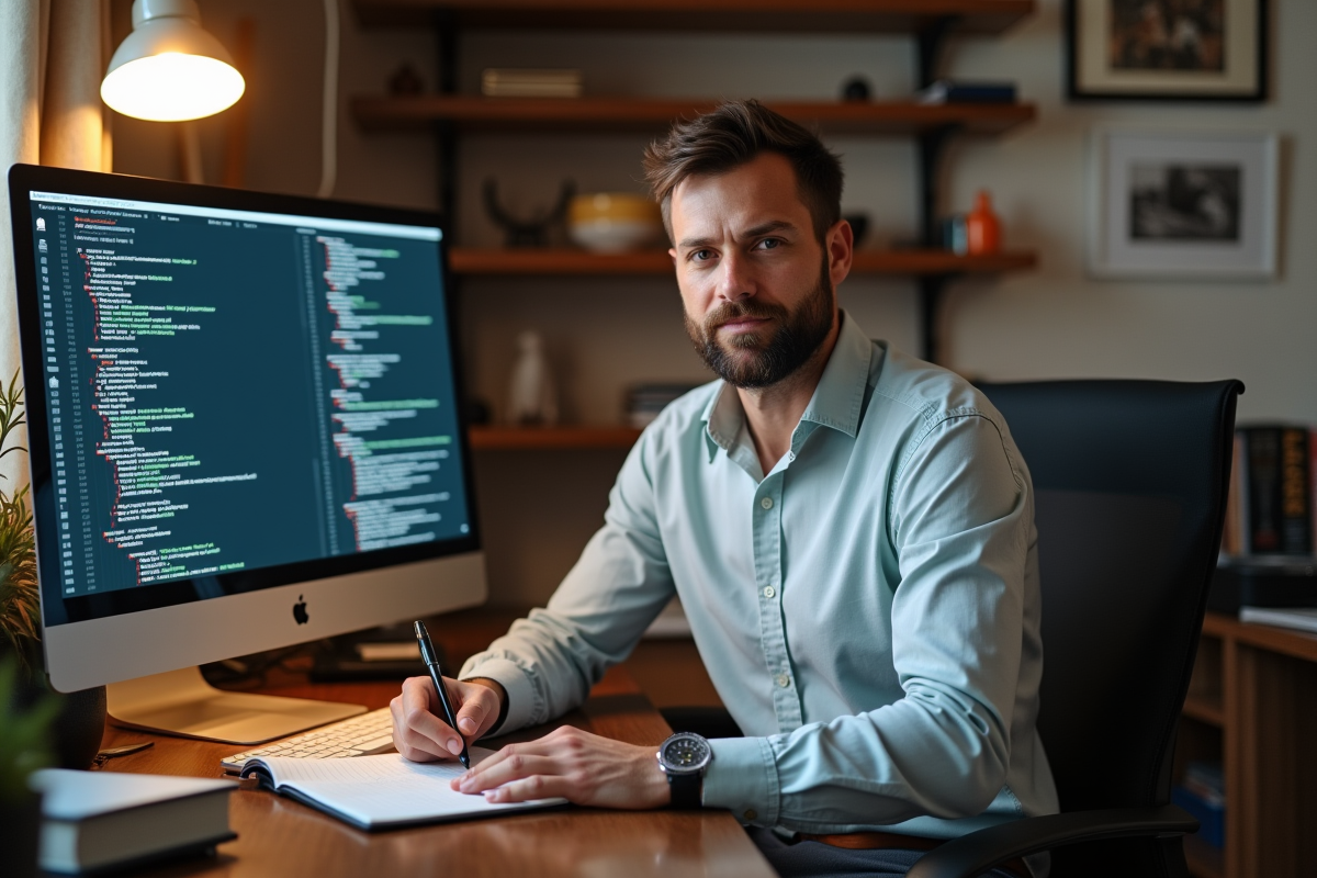 Homme écrivant dans un carnet à côté d un écran de code dans un bureau