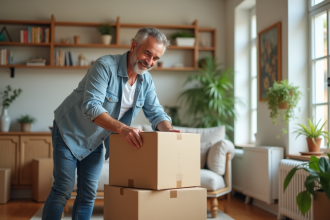 Homme d'âge moyen emballant une boîte dans un salon chaleureux