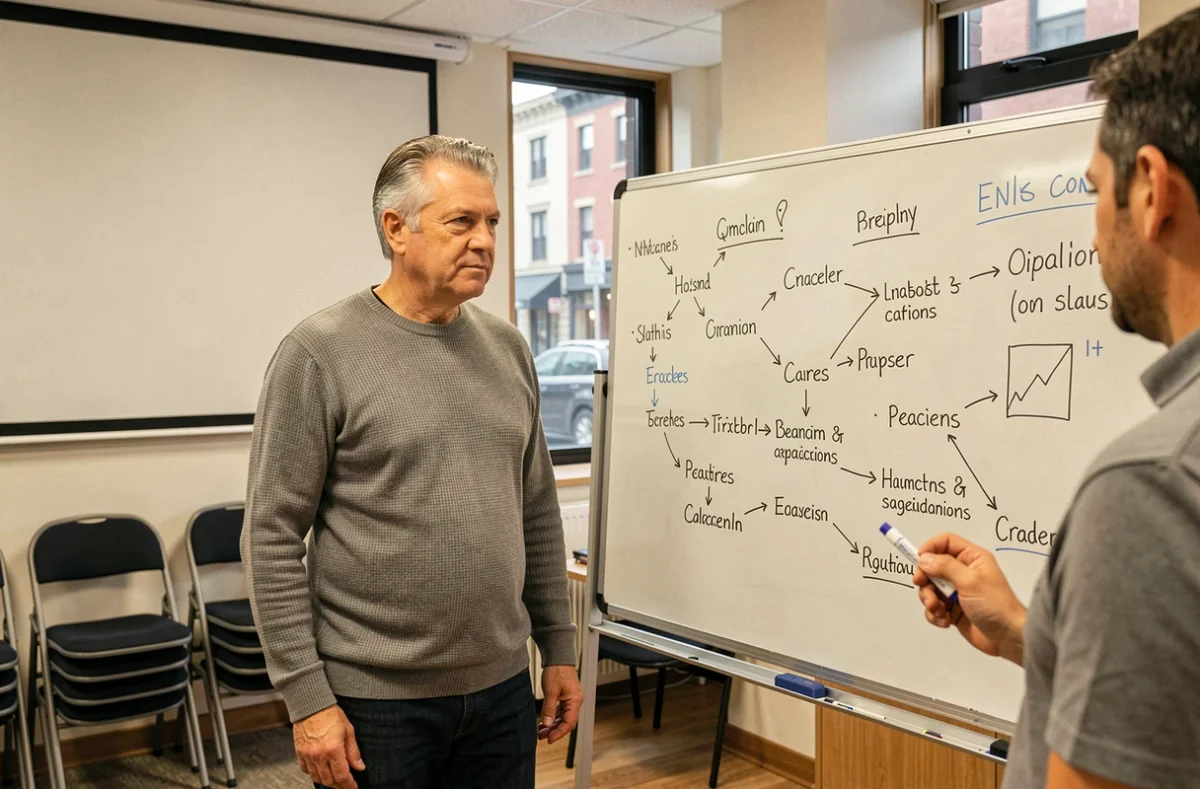 Homme d'âge mûr participant à une session de formation pour reconversion professionnelle devant un tableau blanc