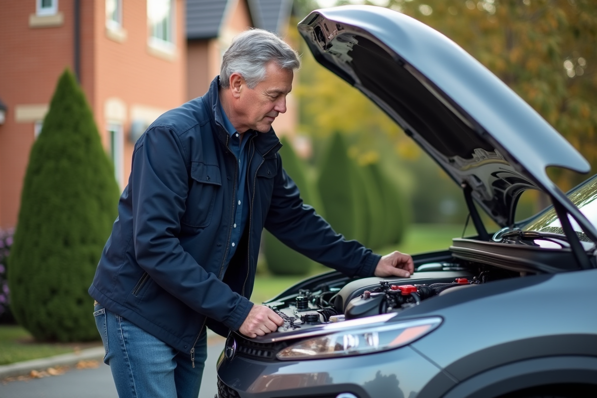 Homme examine le moteur d'une voiture hybride en banlieue