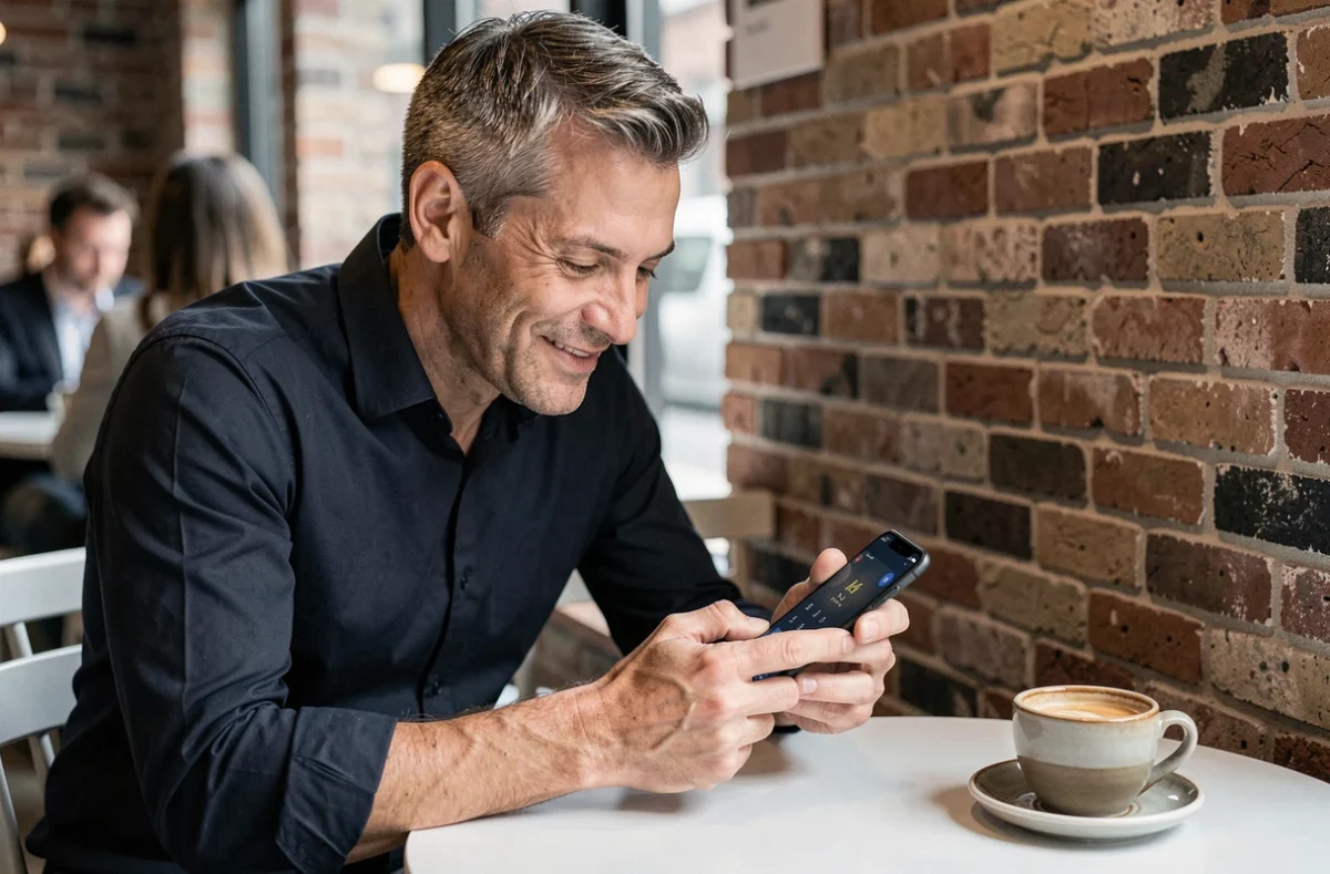Homme consultant un jeu de mots sur smartphone dans un café urbain, illustrant la recherche de la lettre E en majuscule dans un jeu de lettres
